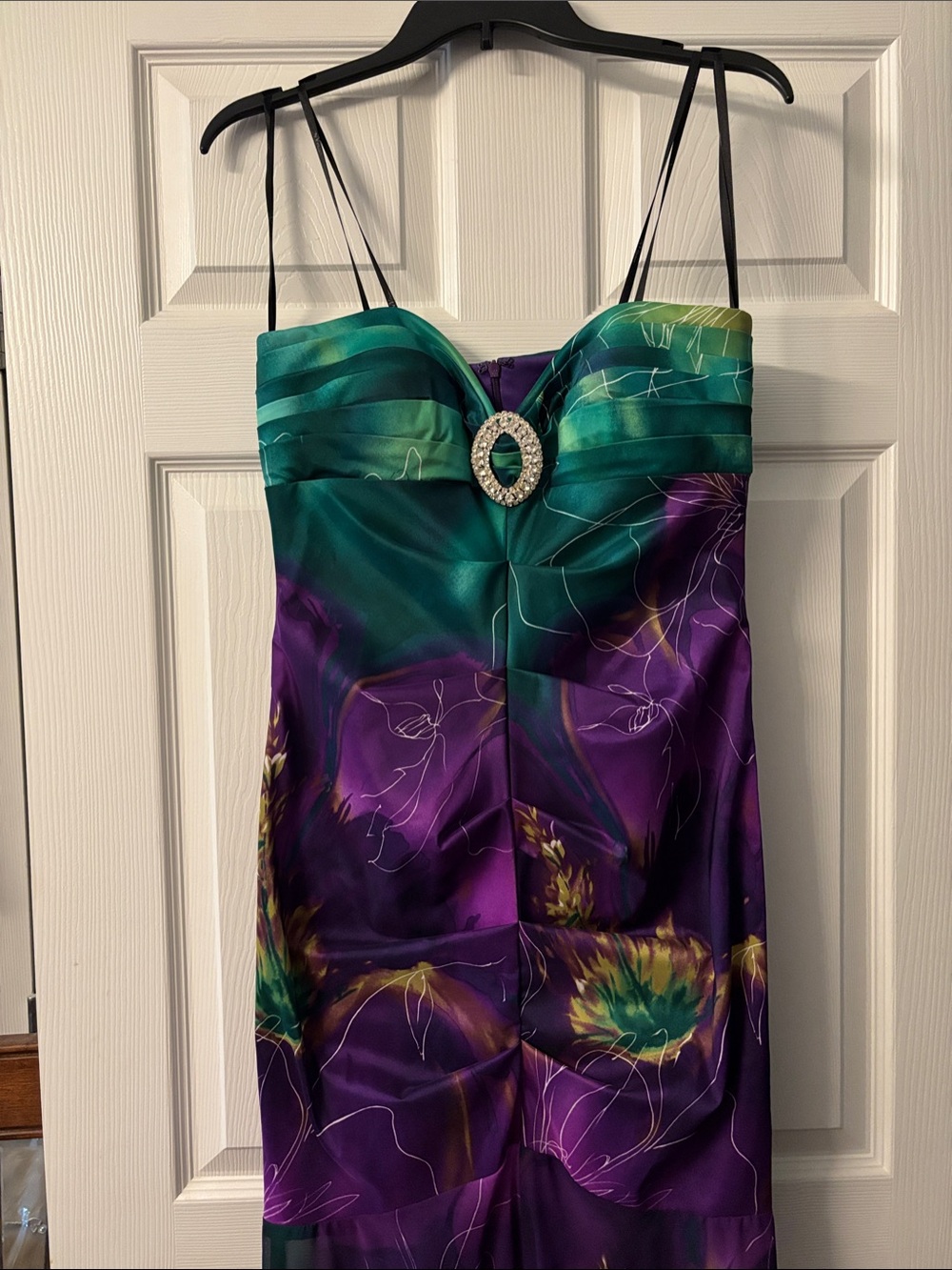 Strapless Floral Satin Evening Dress in Purple & Teal with Embellished Accent - Picture 4 of 6